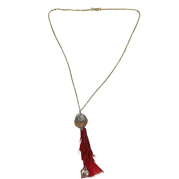 Handcrafted Wire Flower Heart Cork Red Suede Fringe Feather Necklace - Picture 3 of 4